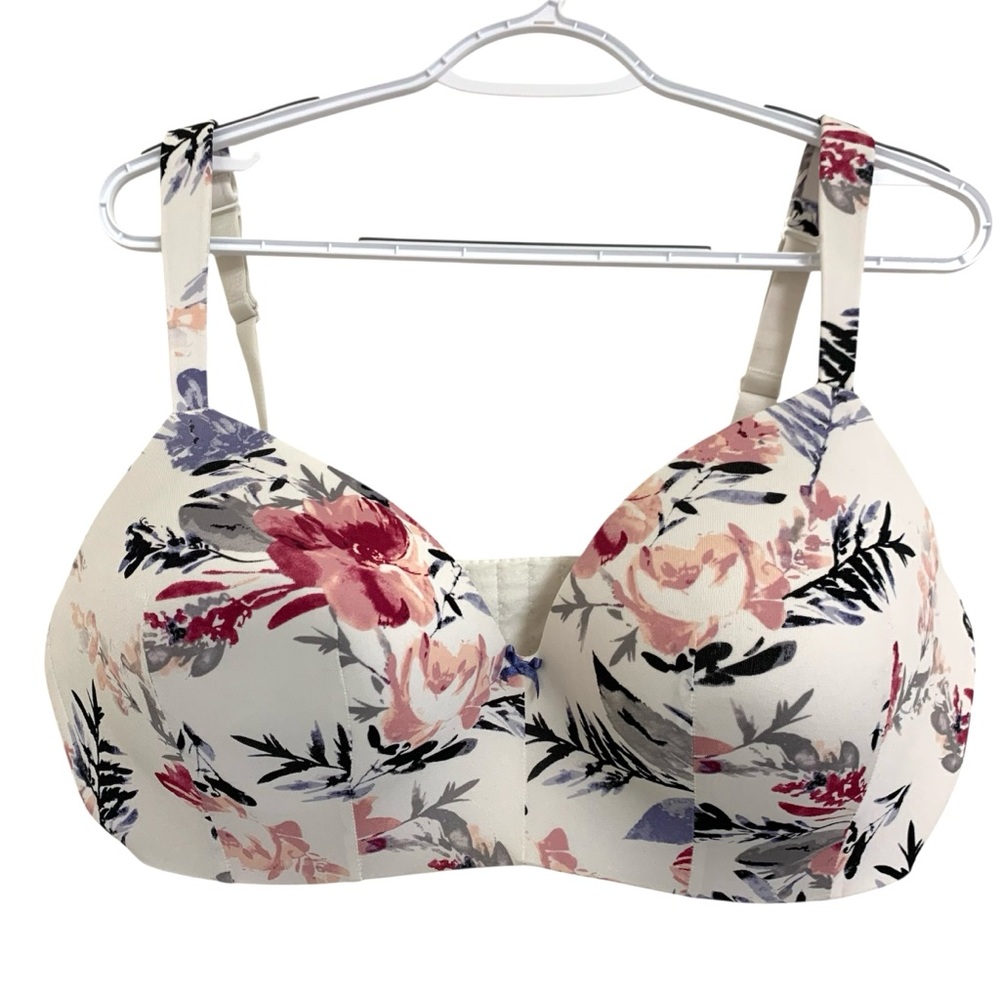 Cacique Bra 40DDD Lightly Lined T Shirt No Wire White Floral Wireless Adjustable